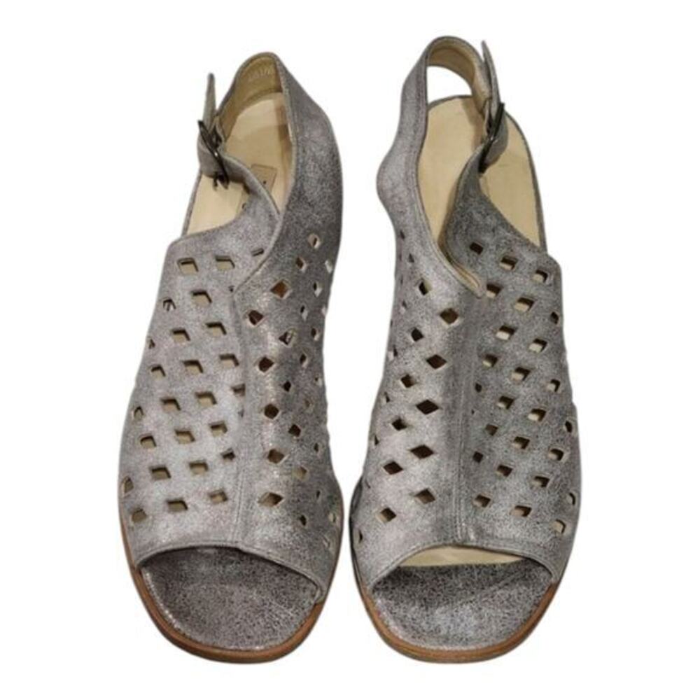 Paul Green Silver Metallic Leather Block Heel Slingback Peep Toe‎ Sandals 9.5